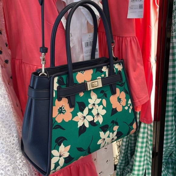 Kate Spade Lucia Lily Blooms Medium Satchel Green Multi - Picture 15 of 16